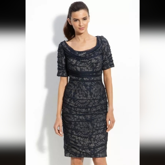 Tadashi Shoji Mesh Silk Overlay Embroidered Sheath Dress